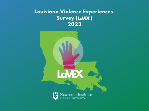 LaVEX Logo - Hand making stop motion on top of a green map of the state of Louisiana