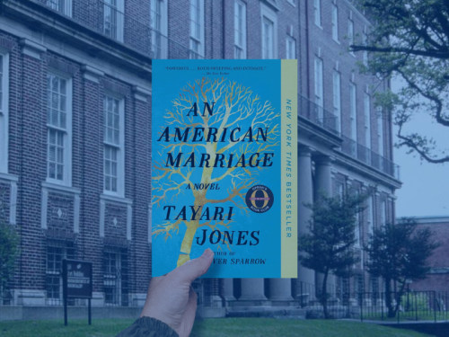 Cover of the An American Marriage in front of Newcomb Hall, old brick building