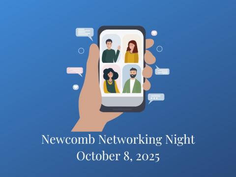 a hand holding a phone with 4 people and text that says "newcomb networking night. october 8, 2025"